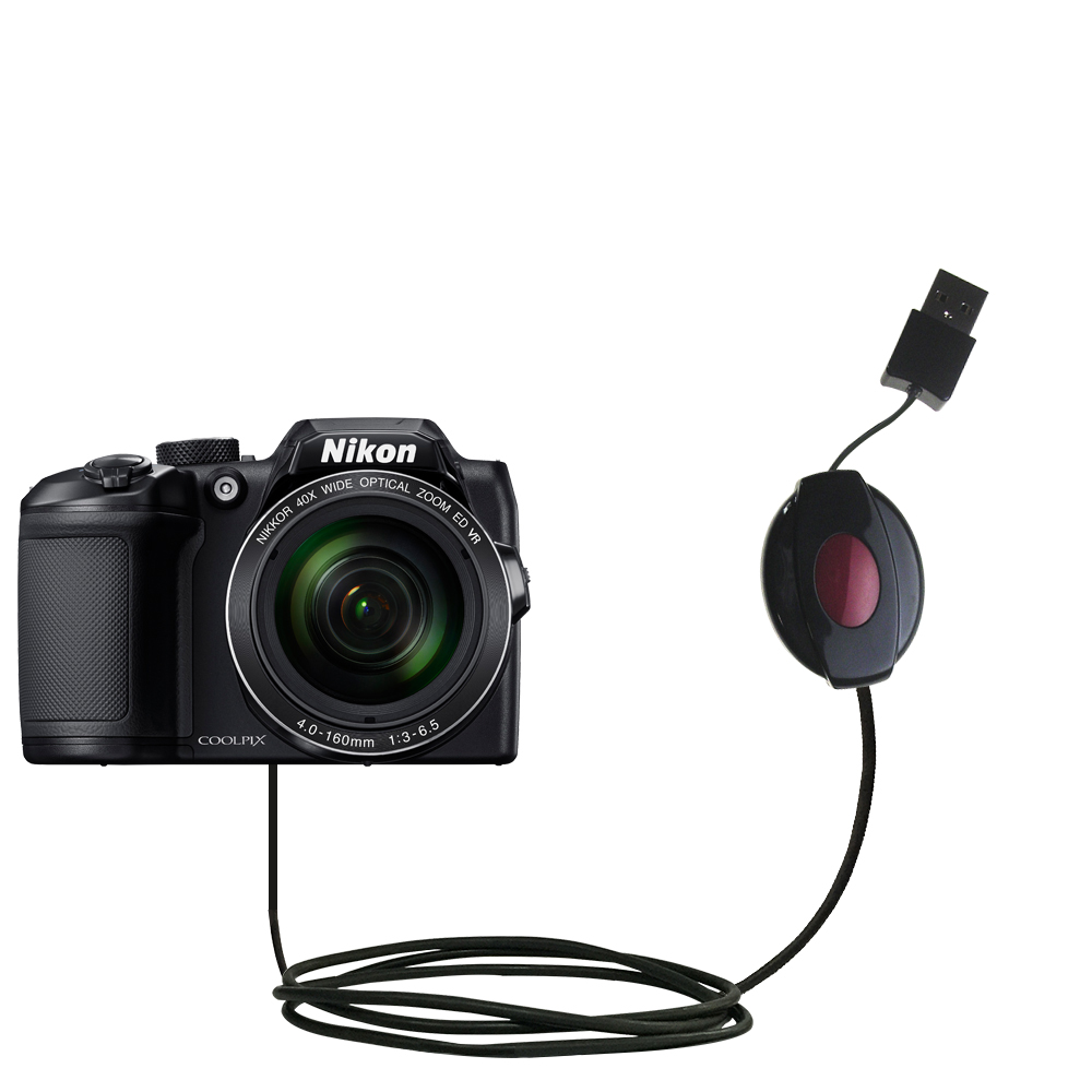 Retractable USB Power Port Ready charger cable designed for the Nikon Coolpix B700 and uses TipExchange