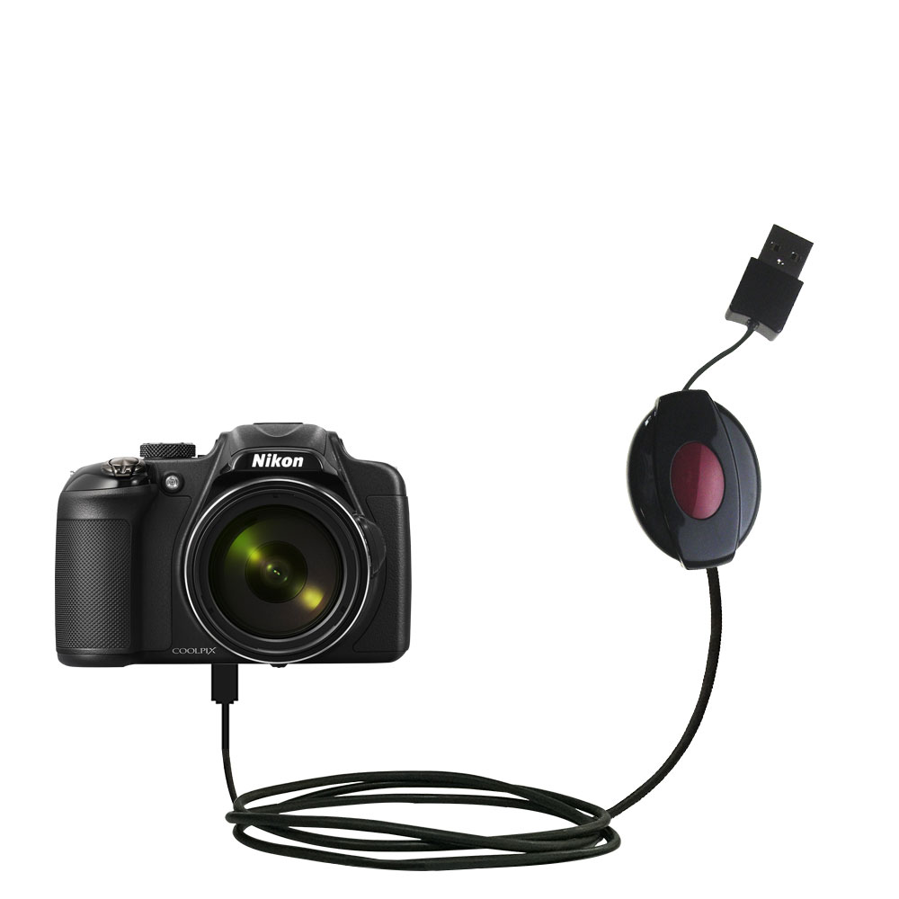 Retractable USB Power Port Ready charger cable designed for the Nikon Coolpix P600 and uses TipExchange