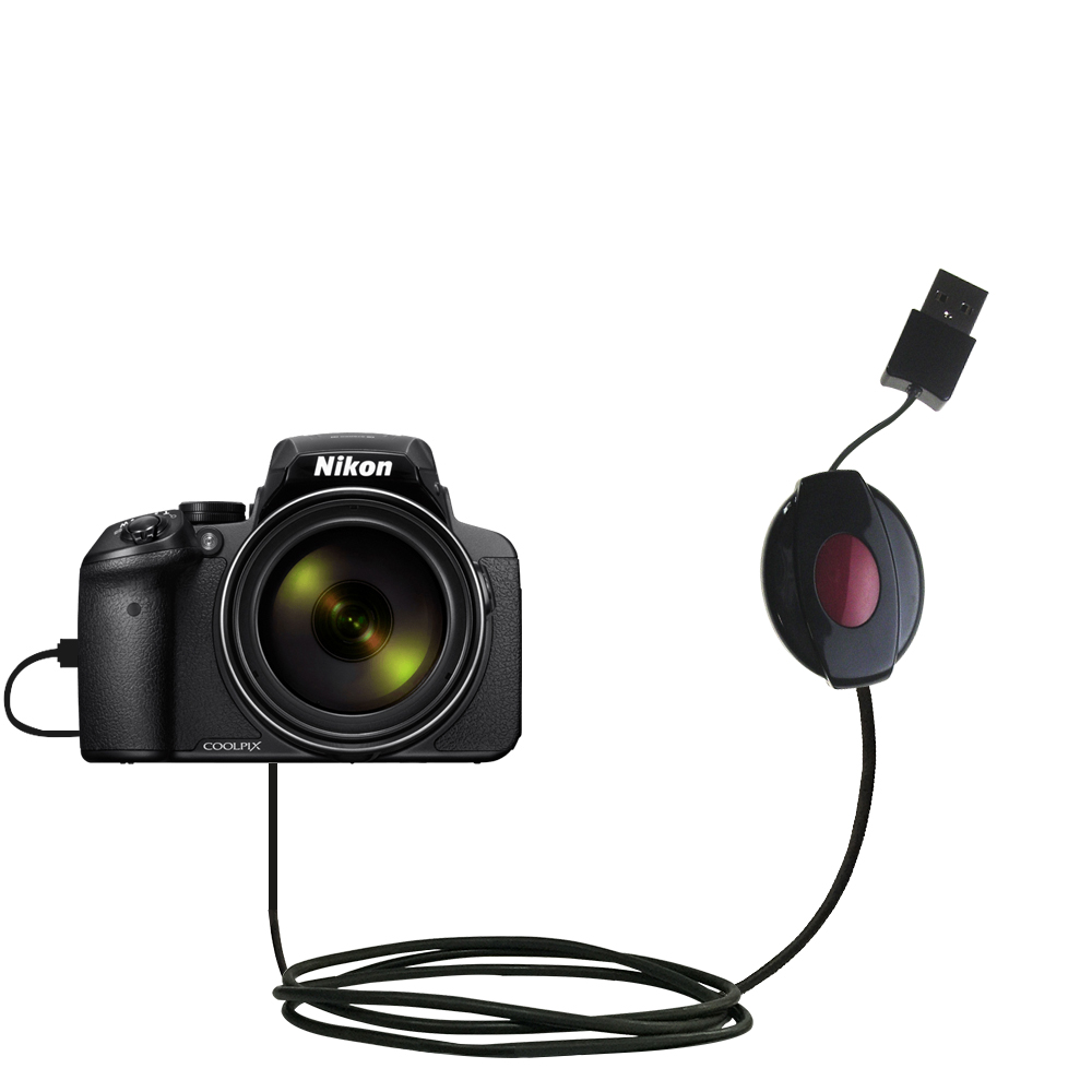 Retractable USB Power Port Ready charger cable designed for the Nikon Coolpix P900 and uses TipExchange