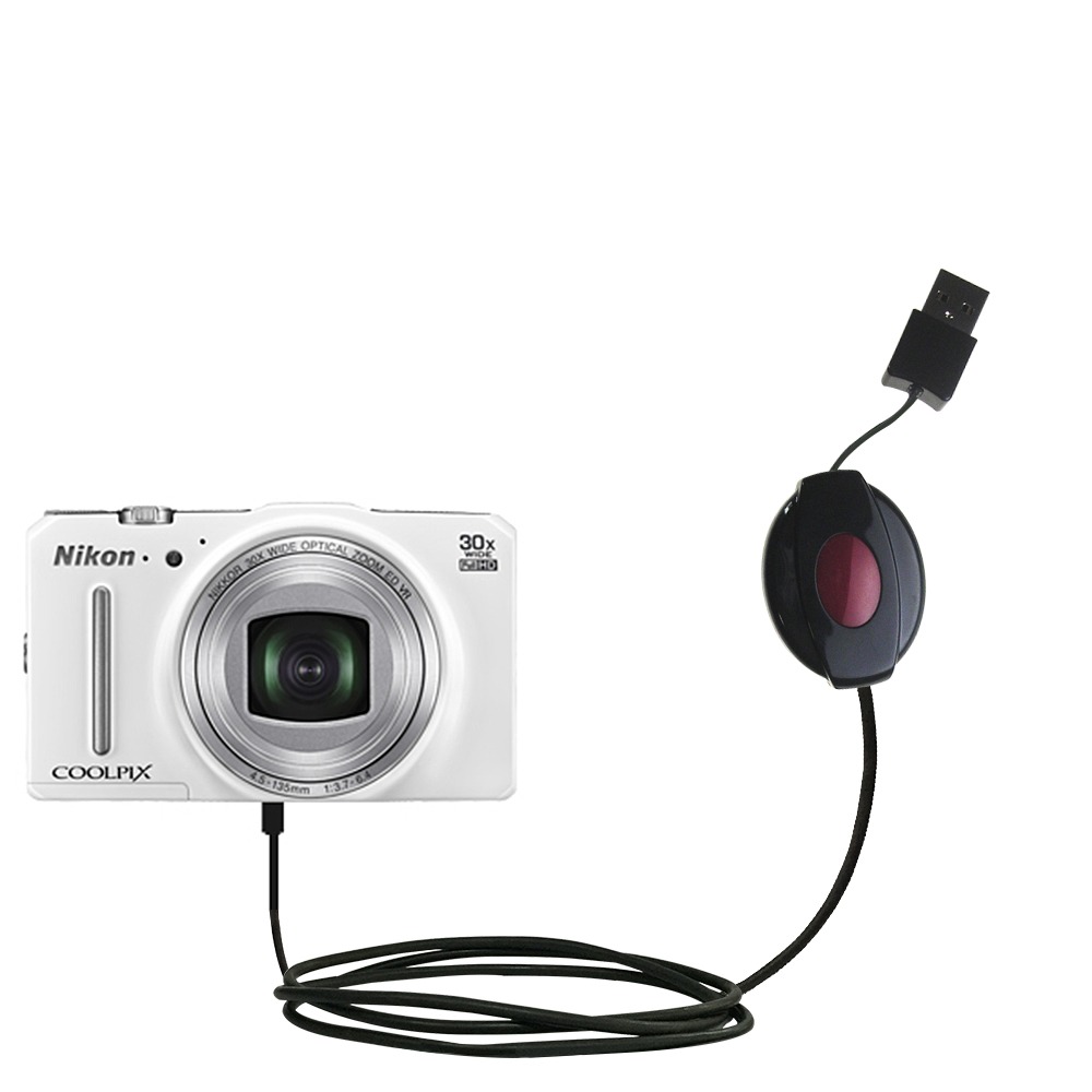 Retractable USB Power Port Ready charger cable designed for the Nikon Coolpix S9700 and uses TipExchange