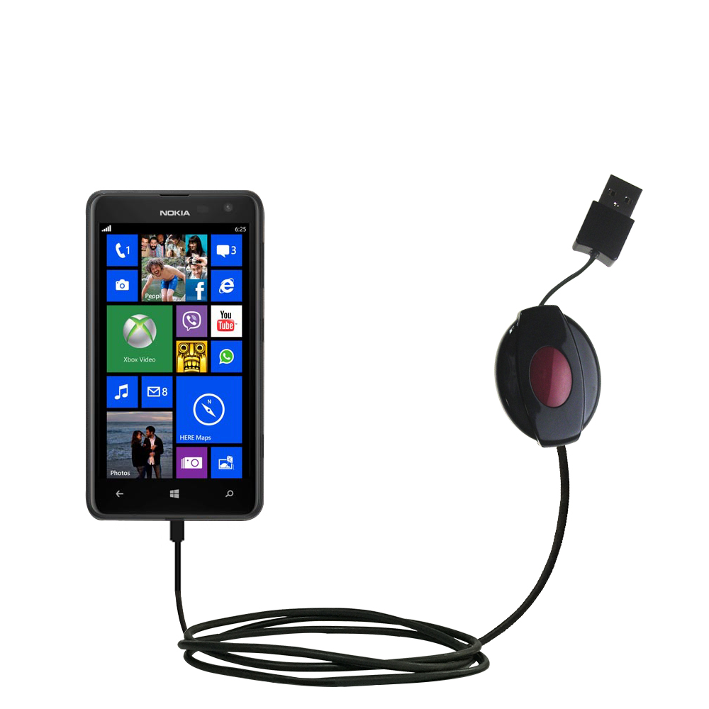 Retractable USB Power Port Ready charger cable designed for the Nokia Lumia 625 and uses TipExchange