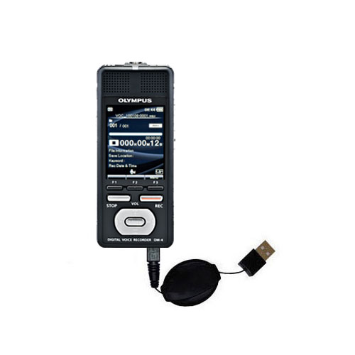 Retractable USB Power Port Ready charger cable designed for the Olympus DM-4 and uses TipExchange