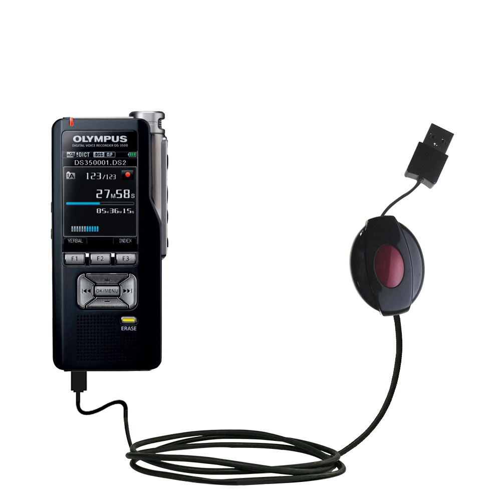 Retractable USB Power Port Ready charger cable designed for the Olympus DS-3500 and uses TipExchange
