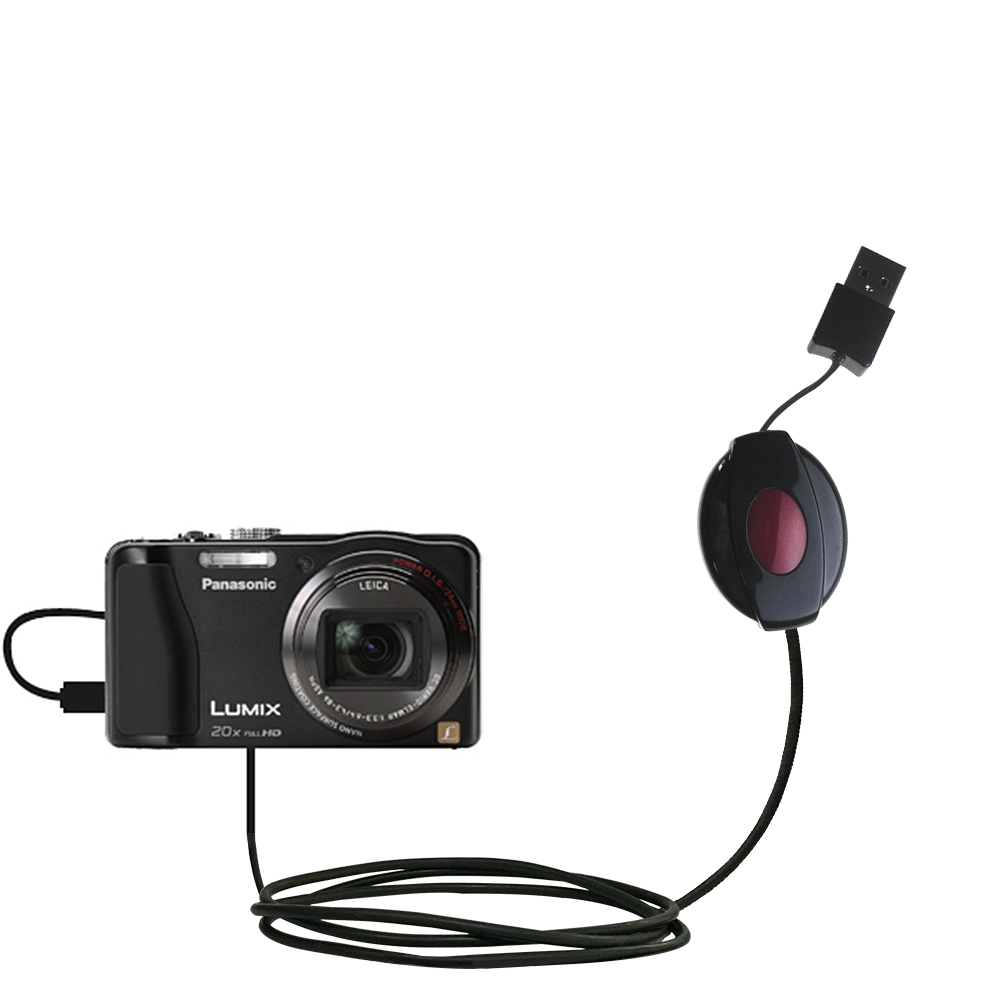 Retractable USB Power Port Ready charger cable designed for the Panasonic Lumix DMC-ZS20K and uses TipExchange