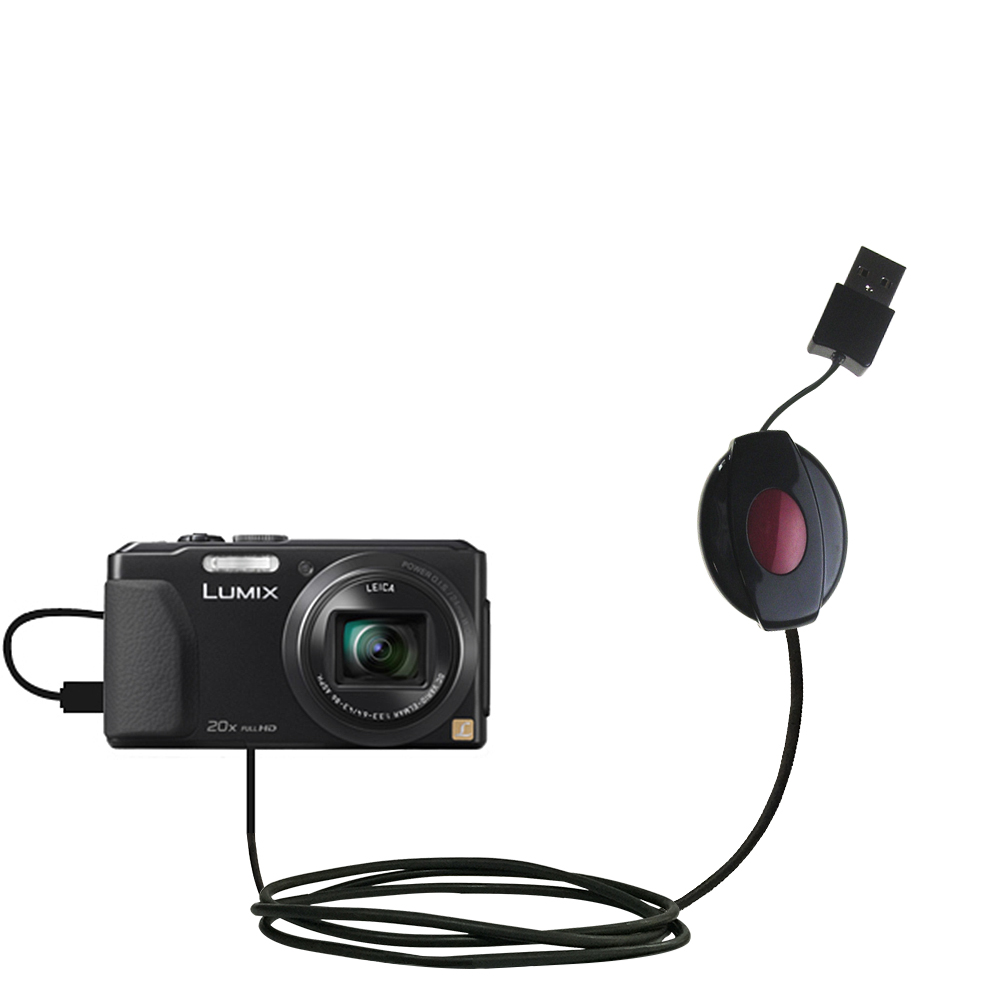 Retractable USB Power Port Ready charger cable designed for the Panasonic Lumix DMC-ZS30S and uses TipExchange