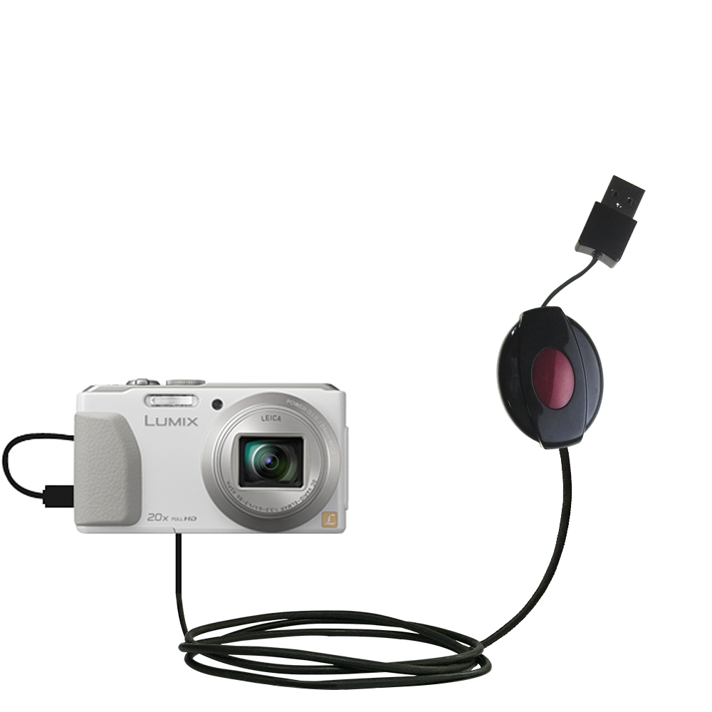 Retractable USB Power Port Ready charger cable designed for the Panasonic Lumix DMC-ZS30W and uses TipExchange