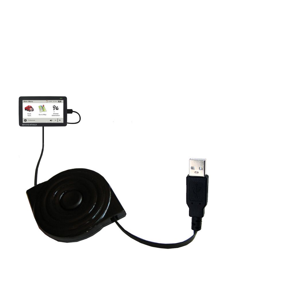 Retractable USB Power Port Ready charger cable designed for the Rand McNally RVND 7725 / 7730 / 7735 LM and uses TipExchange