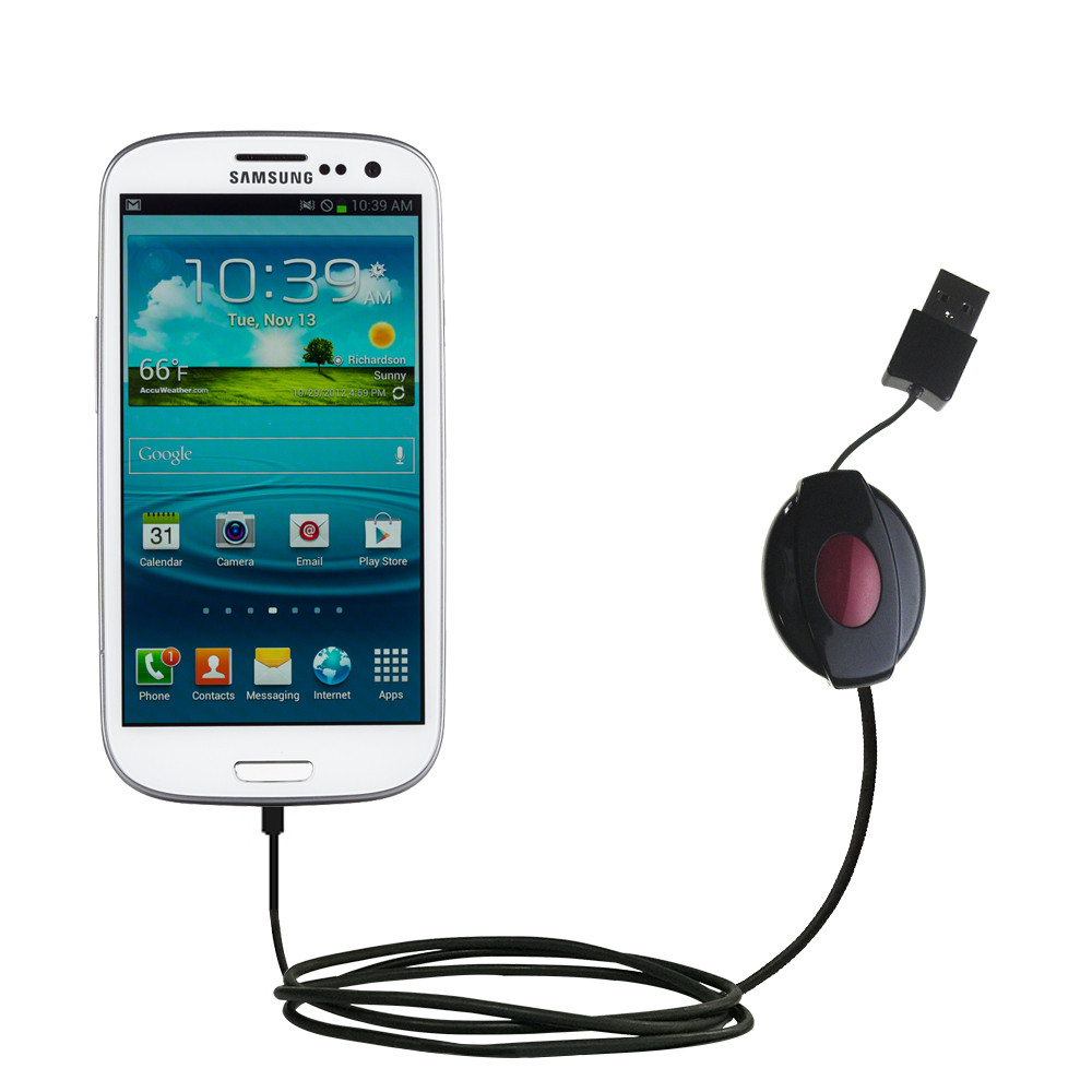 Retractable USB Power Port Ready charger cable designed for the Samsung Galaxy Exhibit and uses TipExchange