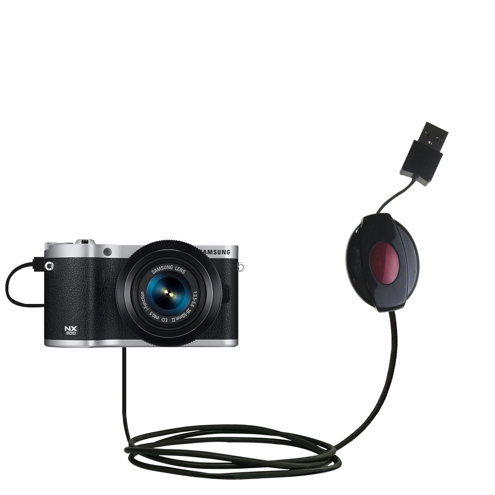Retractable USB Power Port Ready charger cable designed for the Samsung Galaxy NX300 and uses TipExchange