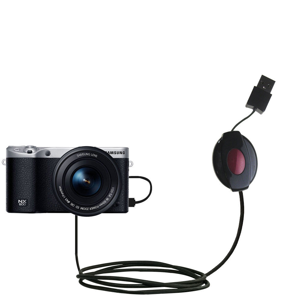 Retractable USB Power Port Ready charger cable designed for the Samsung Galaxy NX500 and uses TipExchange