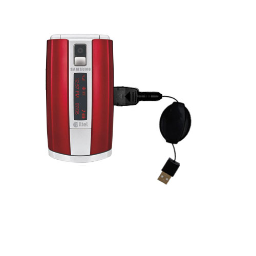 Retractable USB Power Port Ready charger cable designed for the Samsung SCH-R500 R550 R556 R550 R580 and uses TipExchange