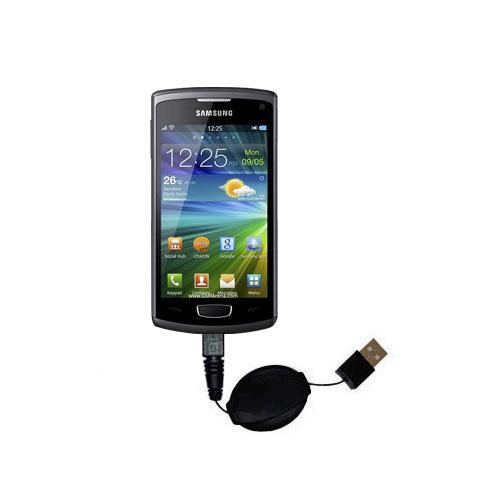 Retractable USB Power Port Ready charger cable designed for the Samsung Wave 3 and uses TipExchange