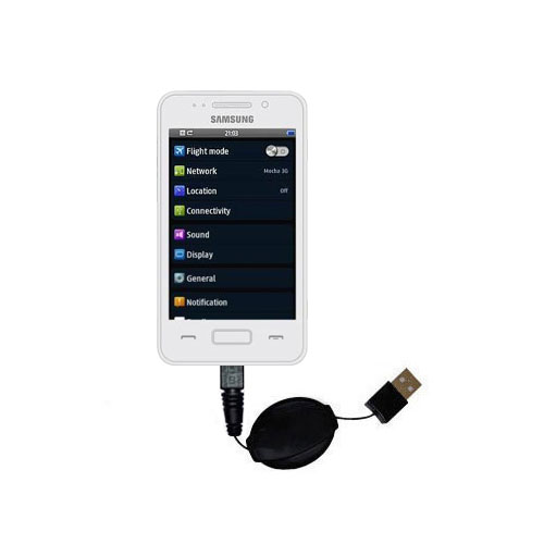 Retractable USB Power Port Ready charger cable designed for the Samsung Wave 725 and uses TipExchange