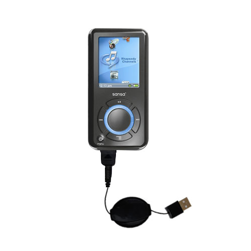 Retractable USB Power Port Ready charger cable designed for the Sandisk Sansa e200R Rhapsody and uses TipExchange