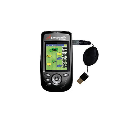 Retractable USB Power Port Ready charger cable designed for the Sonocaddie Auto Play Golf GPS and uses TipExchange