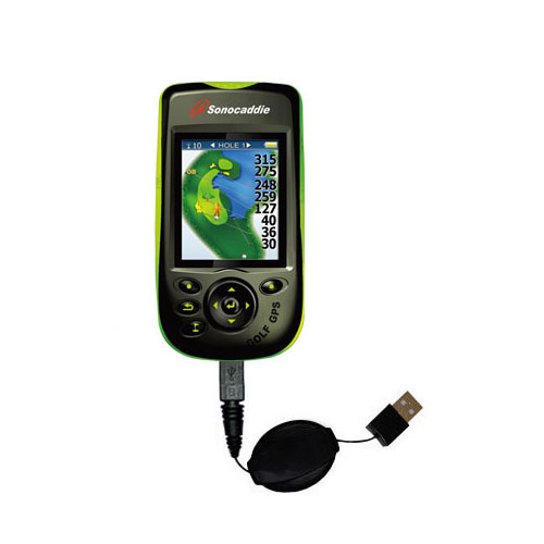 Retractable USB Power Port Ready charger cable designed for the Sonocaddie v300 GPS and uses TipExchange