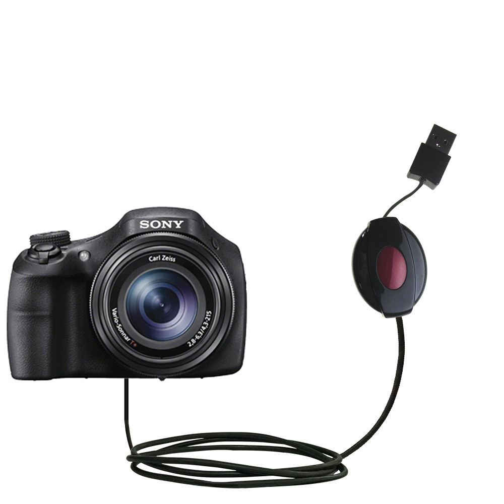 Retractable USB Power Port Ready charger cable designed for the Sony DSC-HX300 and uses TipExchange