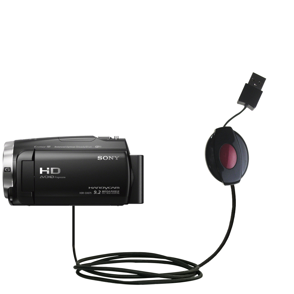 Retractable USB Power Port Ready charger cable designed for the Sony HDR-CX675 / CX675 and uses TipExchange