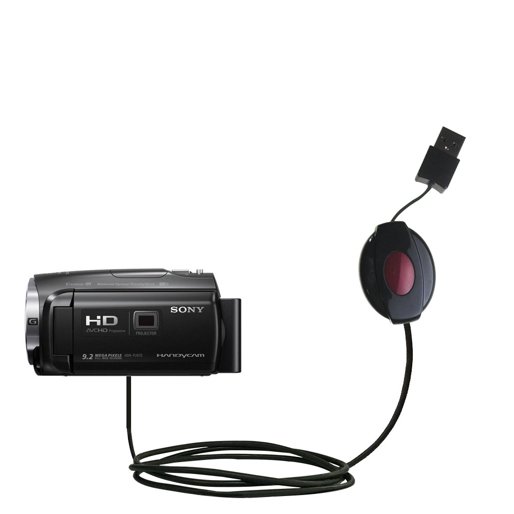 Retractable USB Power Port Ready charger cable designed for the Sony HDR-PJ440 / HDR-PJ670 and uses TipExchange