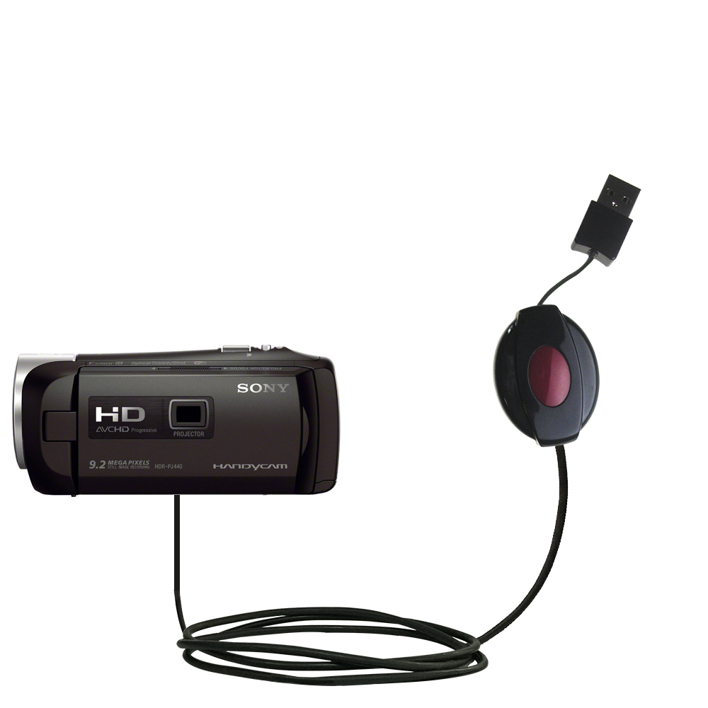 Retractable USB Power Port Ready charger cable designed for the Sony HDR-PJ440 / PJ440 and uses TipExchange