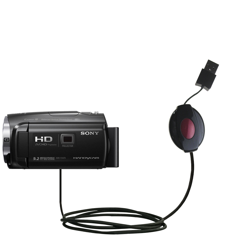 Retractable USB Power Port Ready charger cable designed for the Sony HDR-PJ670 / PJ670 and uses TipExchange