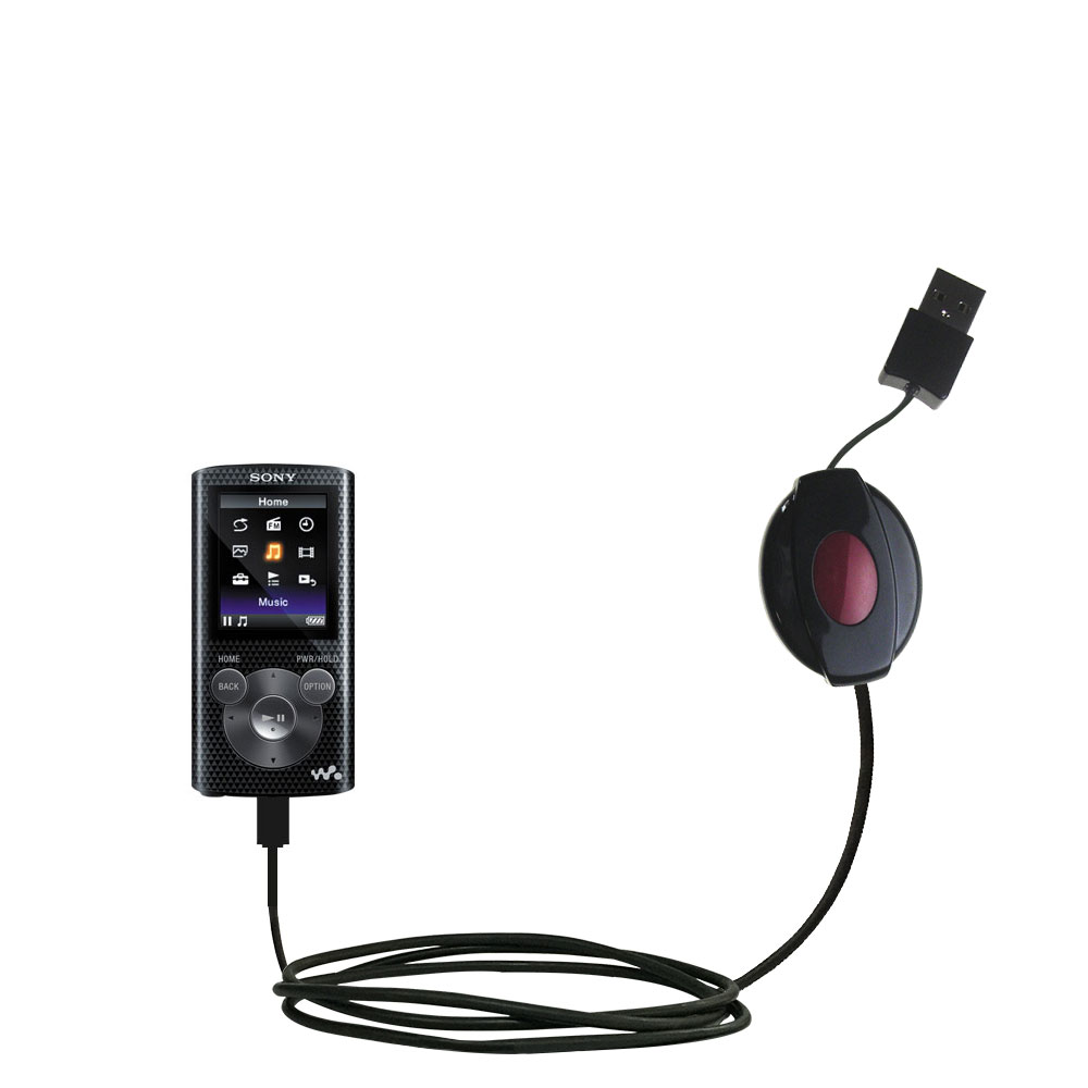 Retractable USB Power Port Ready charger cable designed for the Sony NWZ-E383 / NWZ-E384 / NWZ-E385 and uses TipExchange