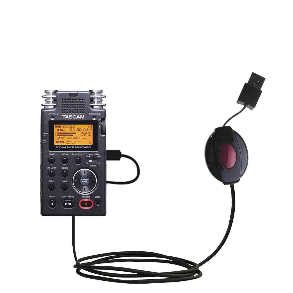 Retractable USB Power Port Ready charger cable designed for the Tascam DR-100 MKII and uses TipExchange
