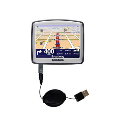 Retractable USB Power Port Ready charger cable designed for the TomTom ONE Europe 22 and uses TipExchange