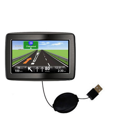 Retractable USB Power Port Ready charger cable designed for the TomTom VIA 1405 and uses TipExchange