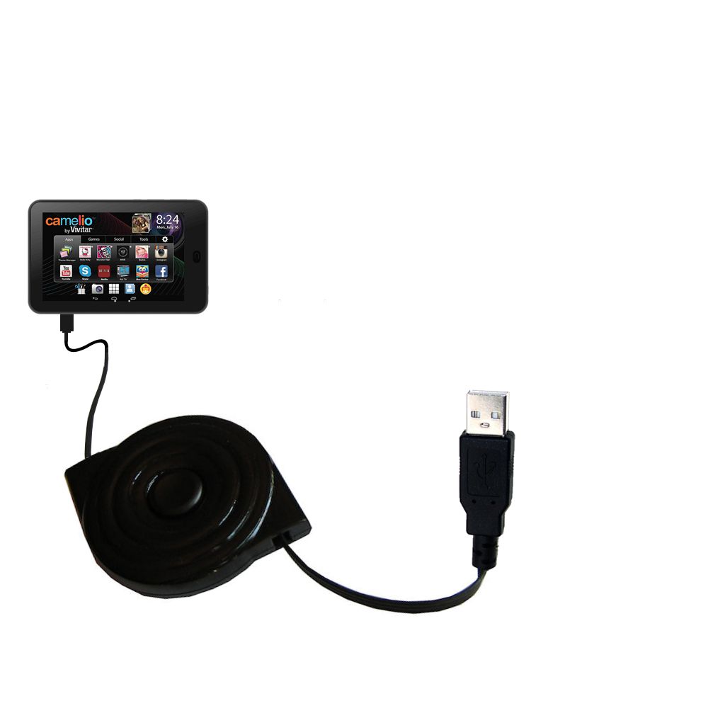 Retractable USB Power Port Ready charger cable designed for the Vivitar Camelio and uses TipExchange