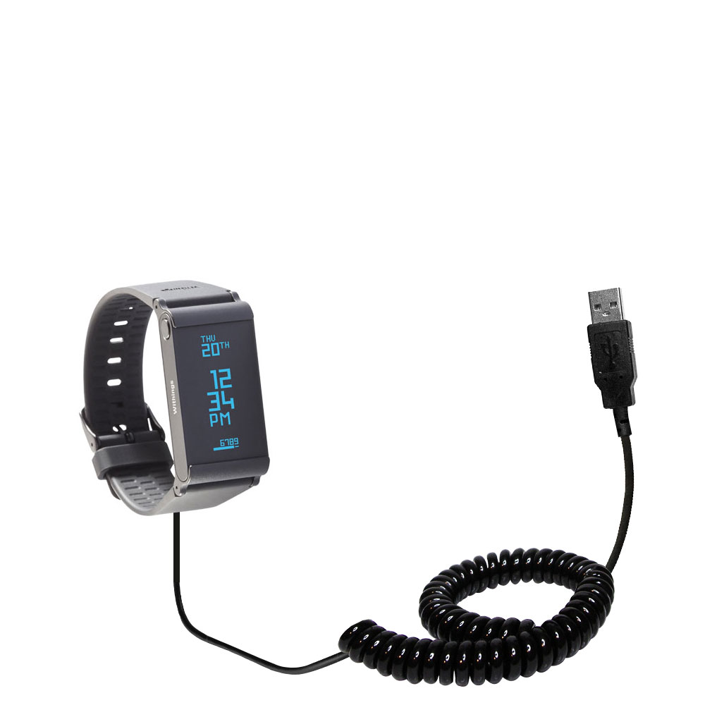 Coiled Power Hot Sync USB Cable suitable for the Withings Pulse O2 with both data and charge features - Uses Gomadic TipExchange Technology