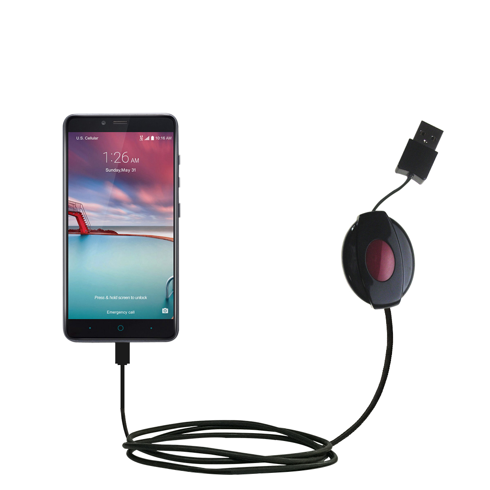 Retractable USB Power Port Ready charger cable designed for the ZTE ZMAX Pro and uses TipExchange