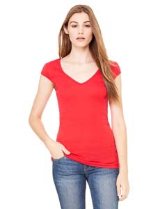 Bella + Canvas B8705 Ladies&#39; Sheer Mini Rib Cap-Sleeve Deep V-Neck T-Shirt